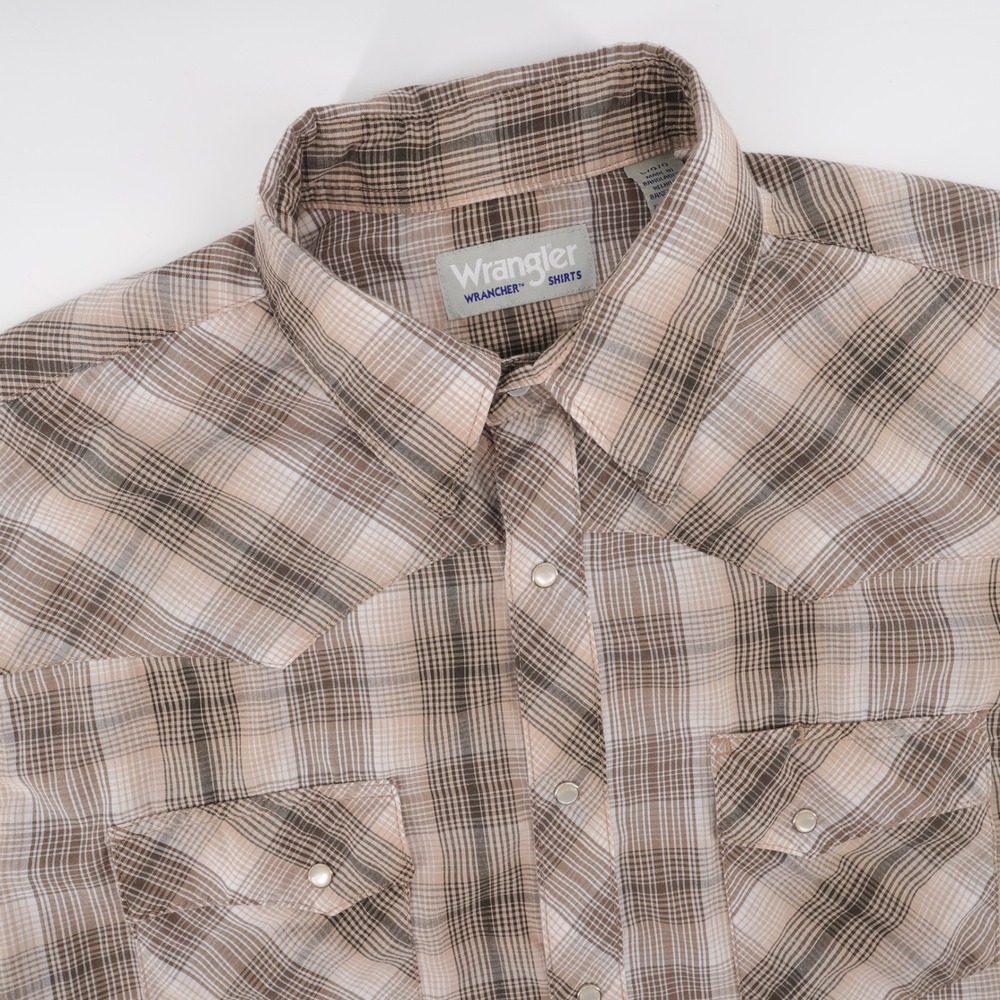 Wrangler Wrancher Plaid Western Shirt Pearl Snap Brown Short Sleeve Mens Large